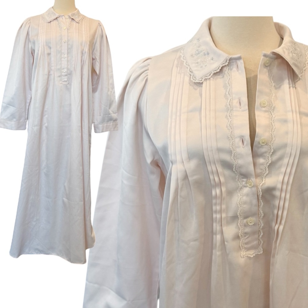 Miss Elaine Pale Pink Embroidered Luxurious Long Nightgown Maxi Shirt Dress 🔥🌶️ - Picture 5 of 5